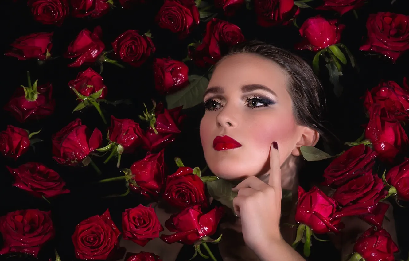 Photo wallpaper girl, flowers, roses