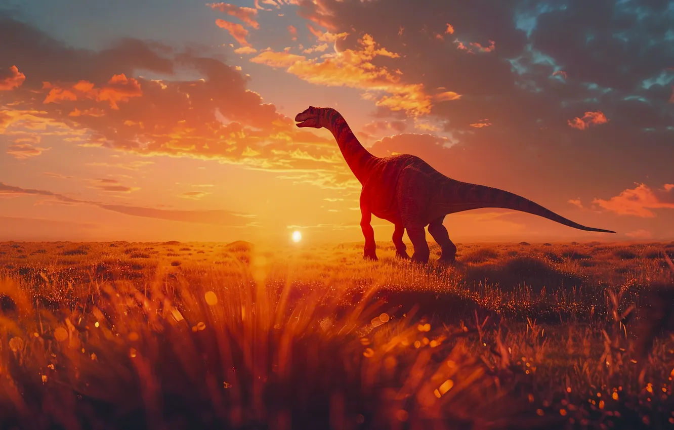 Photo wallpaper grass, clouds, animal, dawn, dinosaur, digital art, Ancient animals, Extinct animals