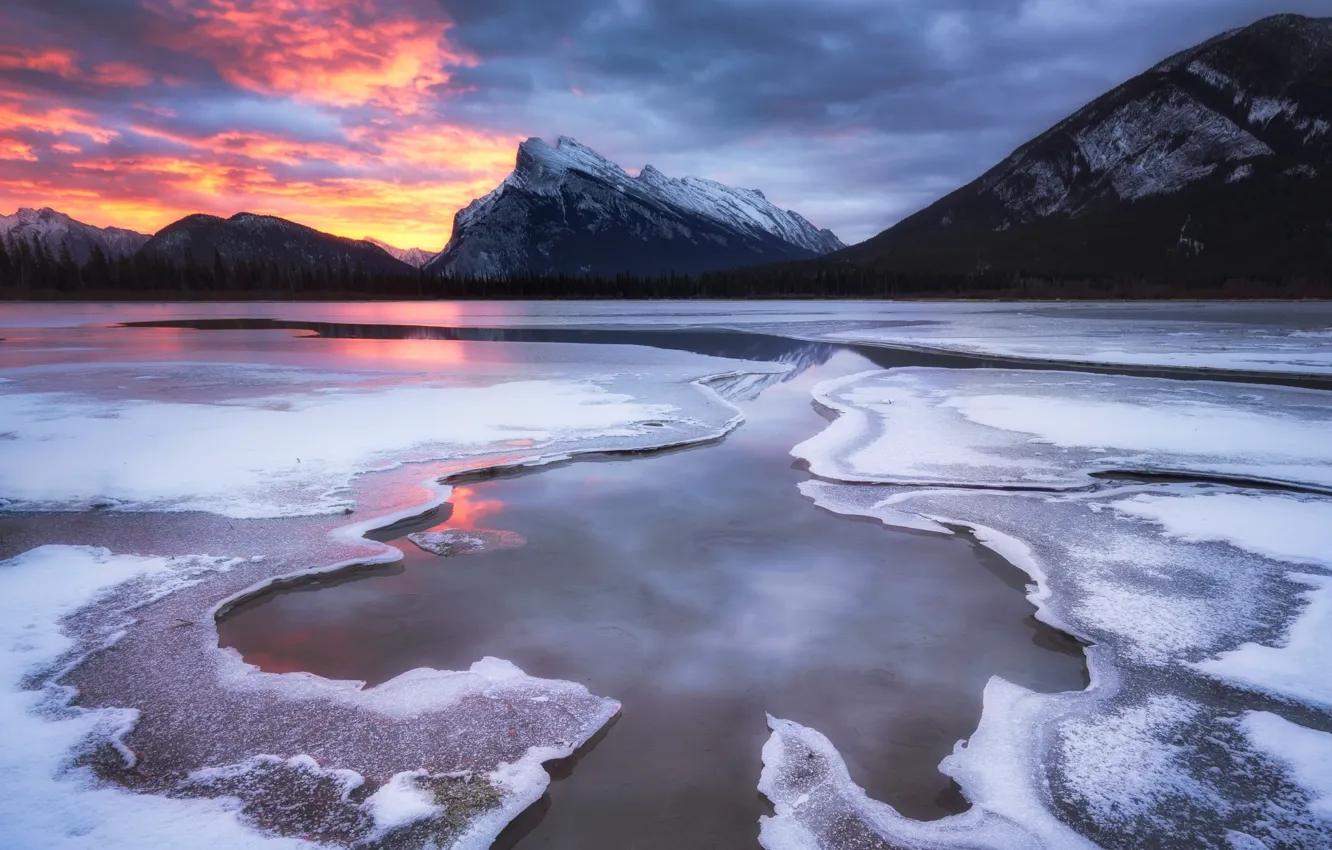 Photo wallpaper winter, the sky, sunset, mountains, lake, river, ice
