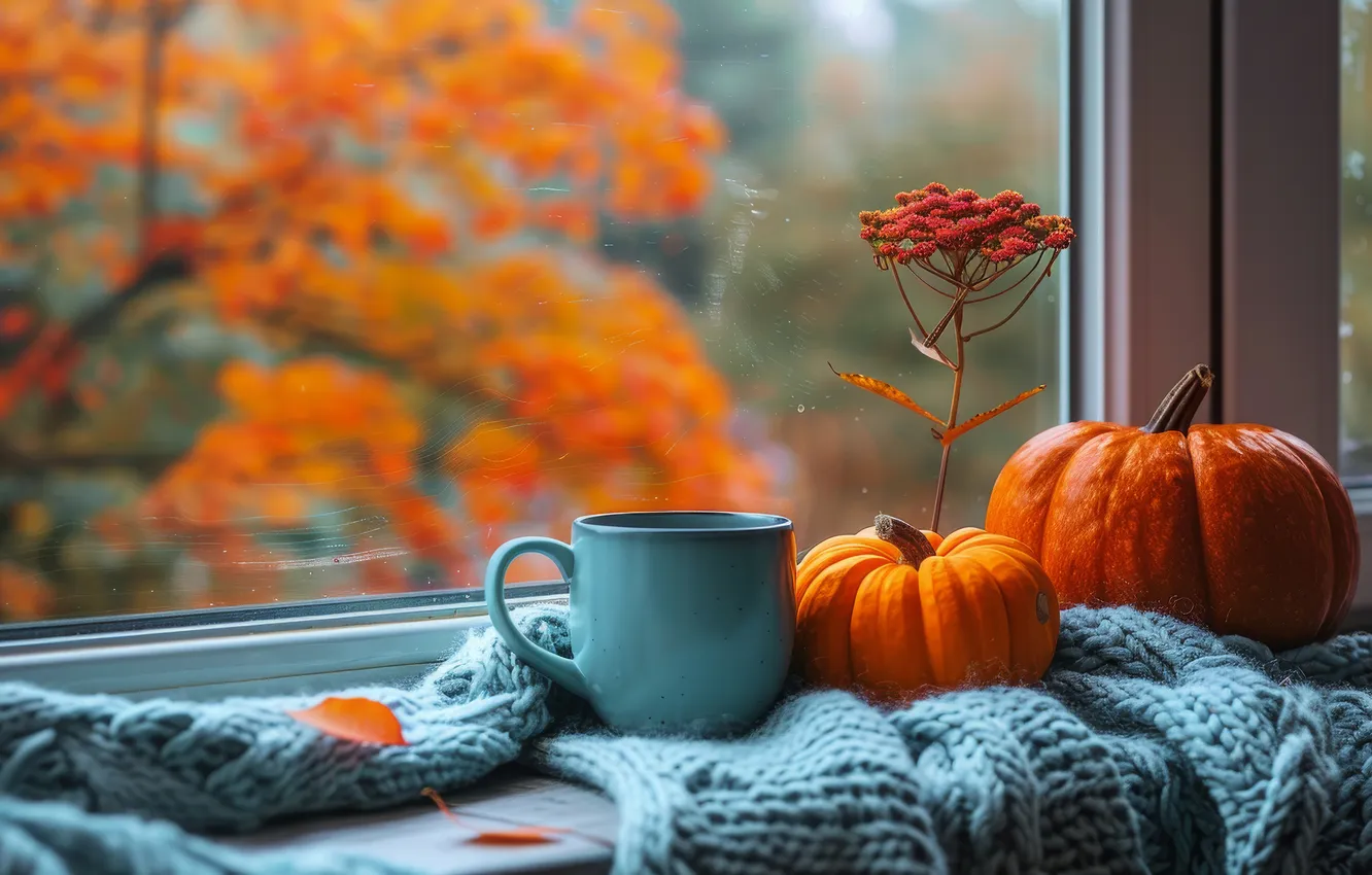 Photo wallpaper autumn, glass, sprig, tree, foliage, window, mug, Cup