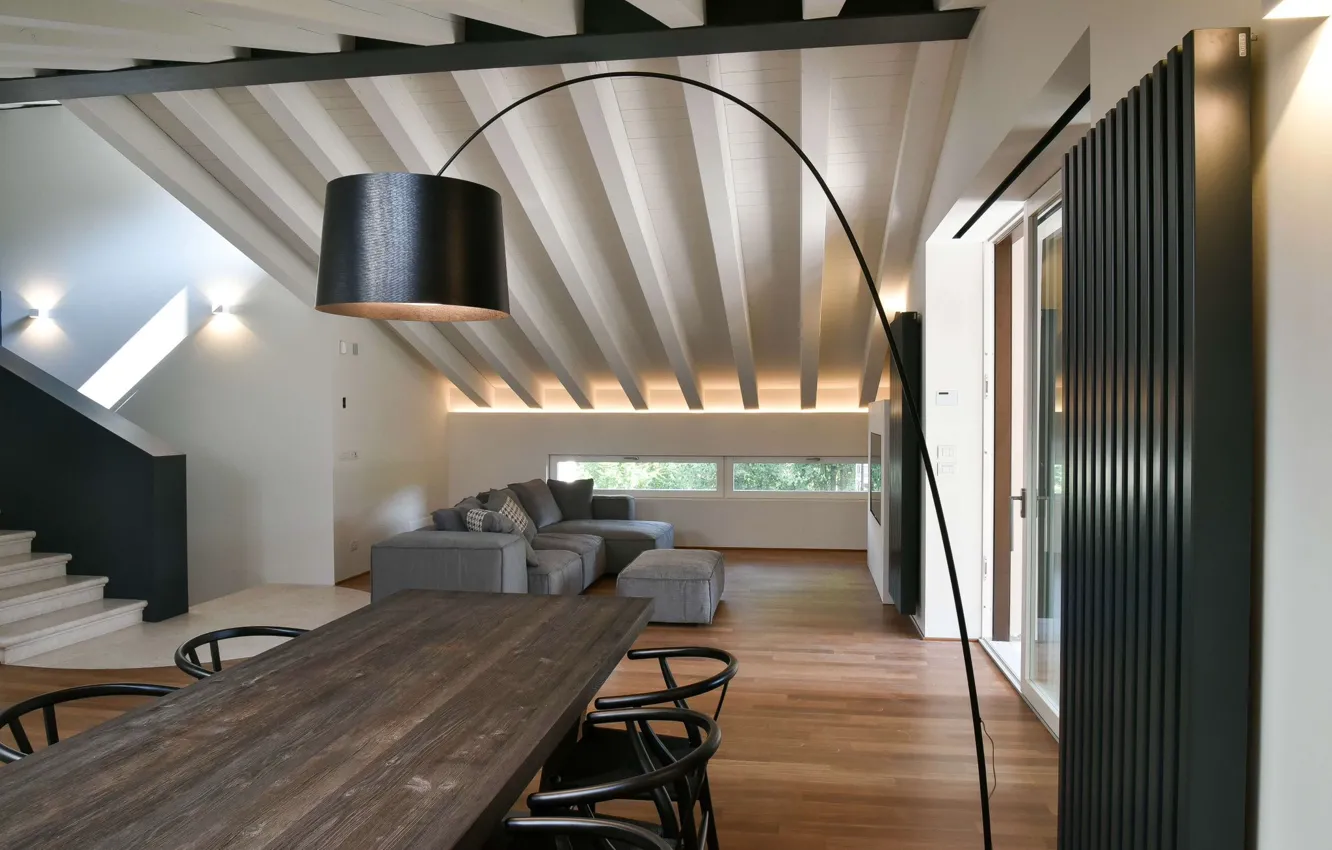 Photo wallpaper design, interior, ladder, living room, dining room, House in Italy