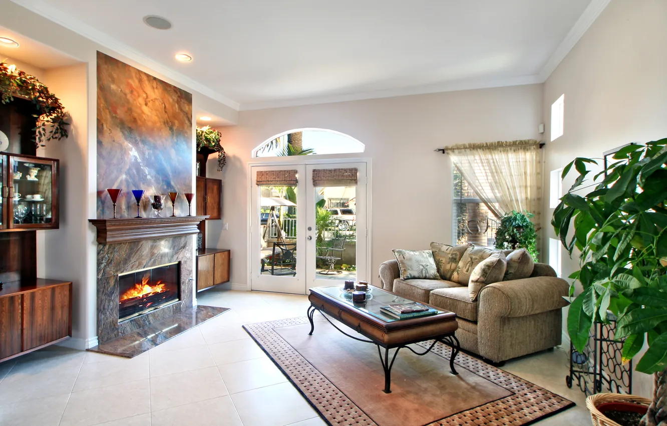 Photo wallpaper design, sofa, fireplace, mansion, Design, living room, Interior, Living