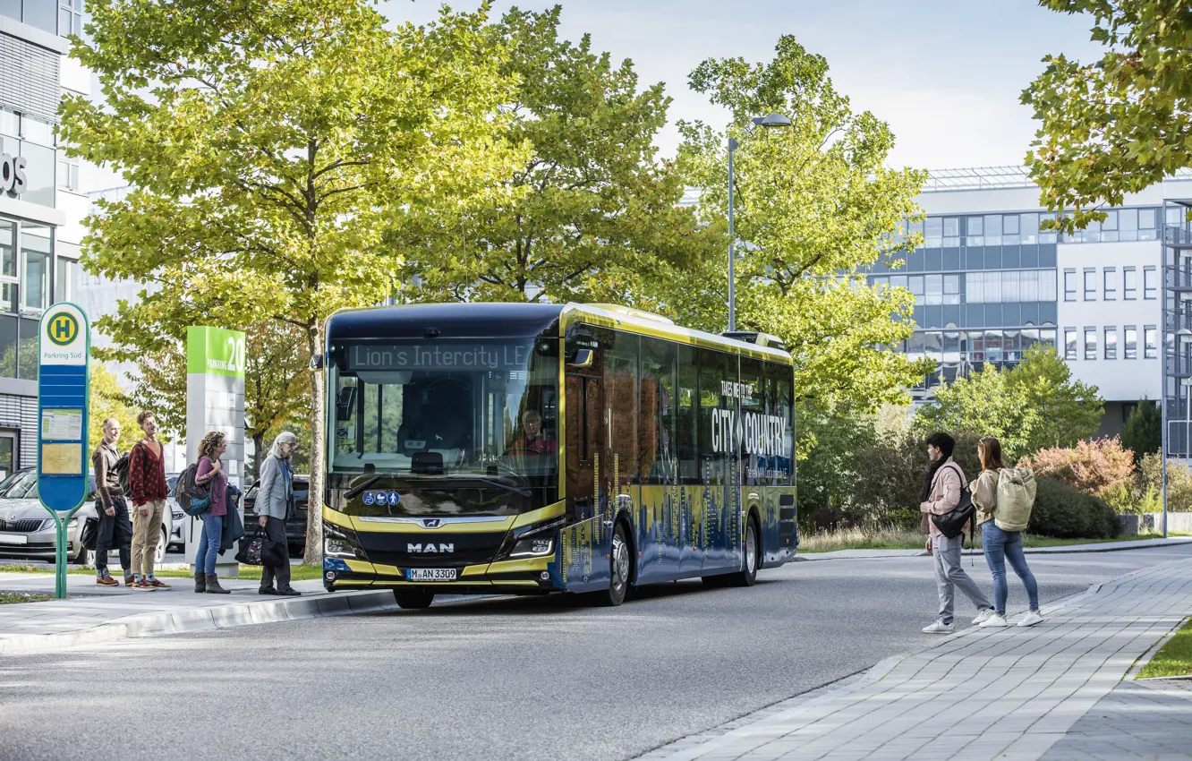 Photo wallpaper Home, Road, The city, Trees, People, Bus, MAN, Stop