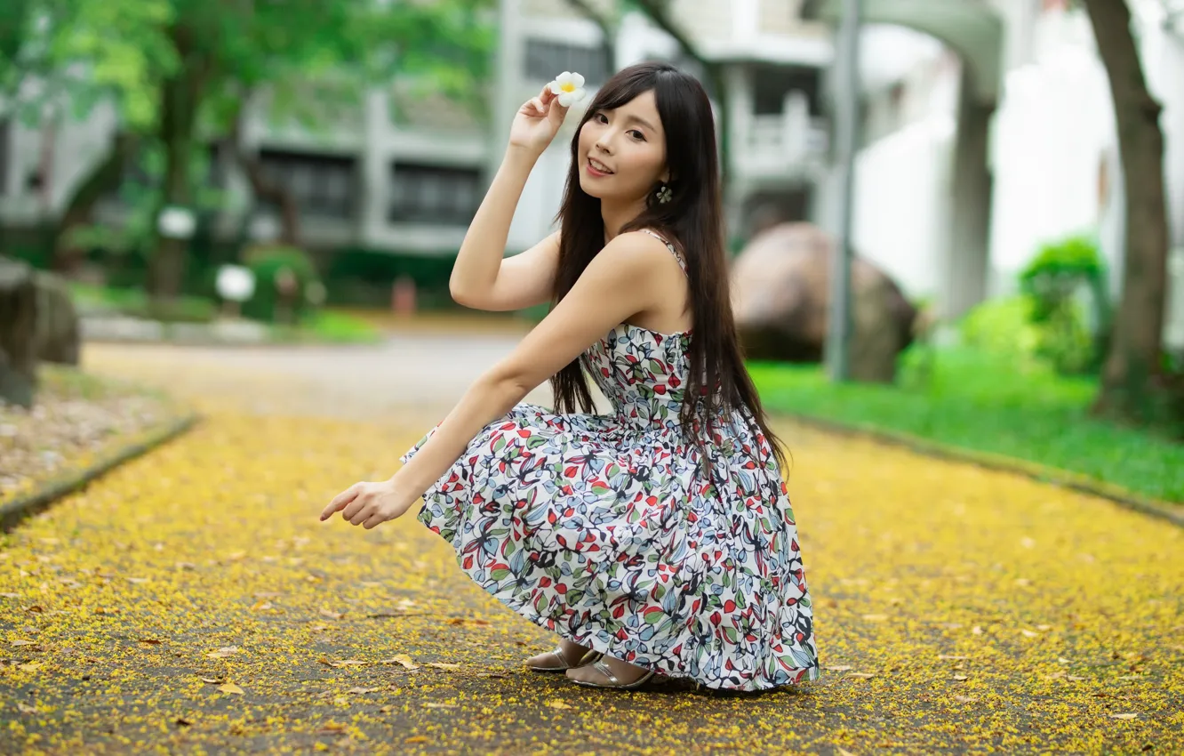 Photo wallpaper look, flowers, pose, model, portrait, makeup, dress, hairstyle