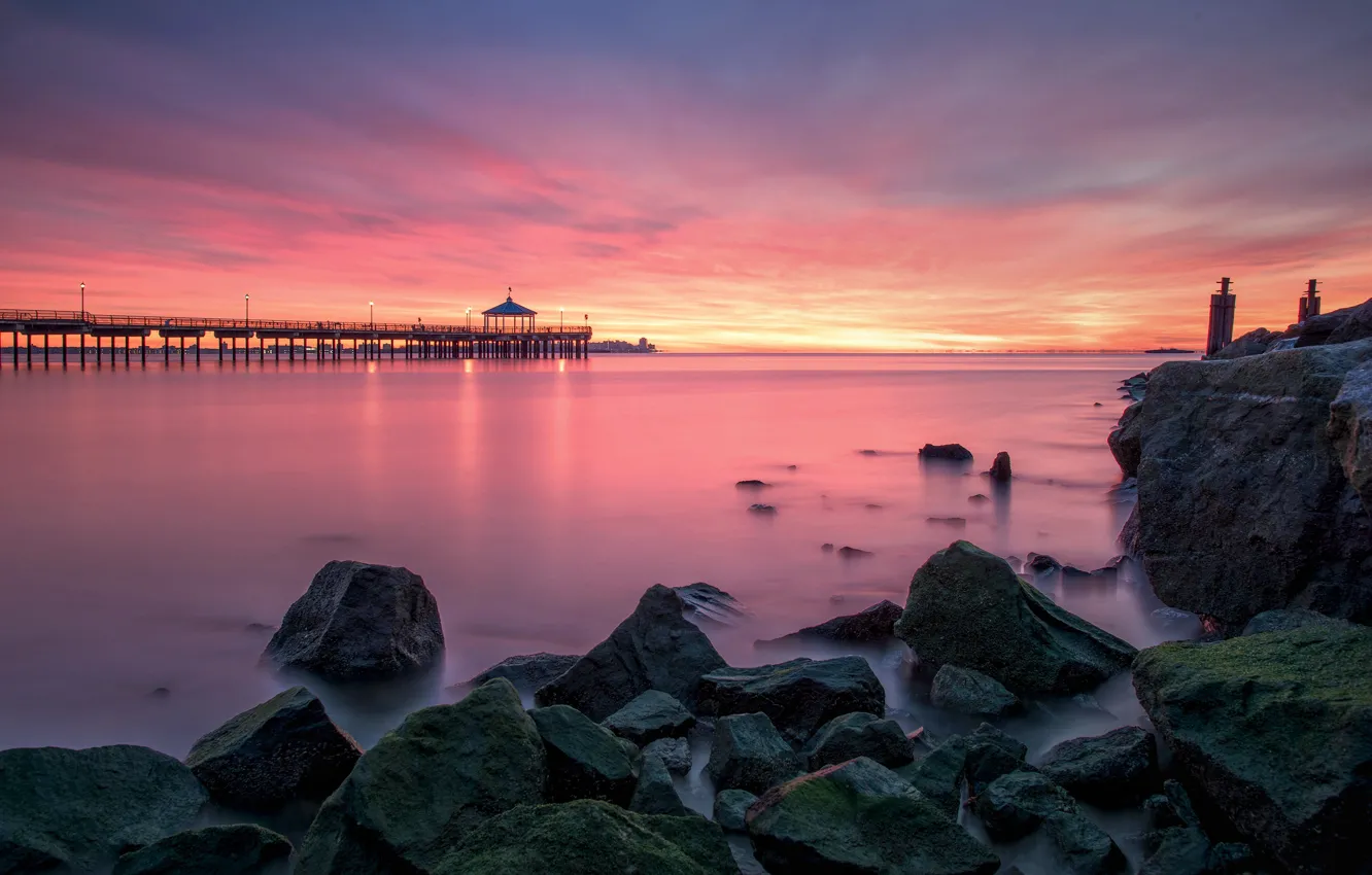 Photo wallpaper bridge, stones, pierce, pond