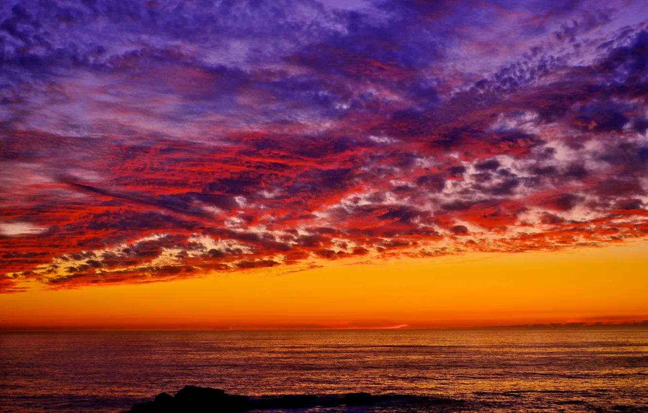 Photo wallpaper sea, the sky, clouds, sunset, horizon, glow