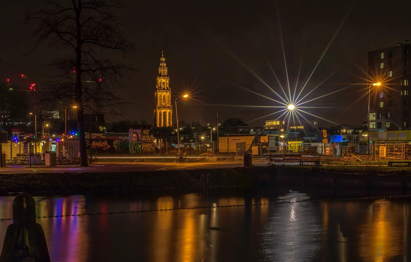 Photo wallpaper night, lights, home, lights, channel, Netherlands, Groningen