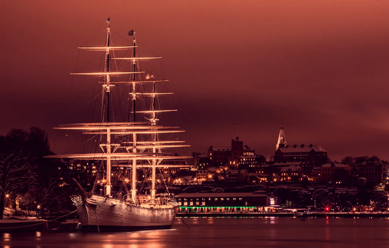 Photo wallpaper night, lights, sailboat