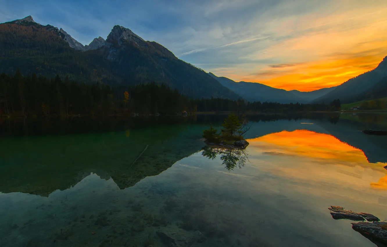 Photo wallpaper landscape, mountains, nature, lake, reflection, dawn