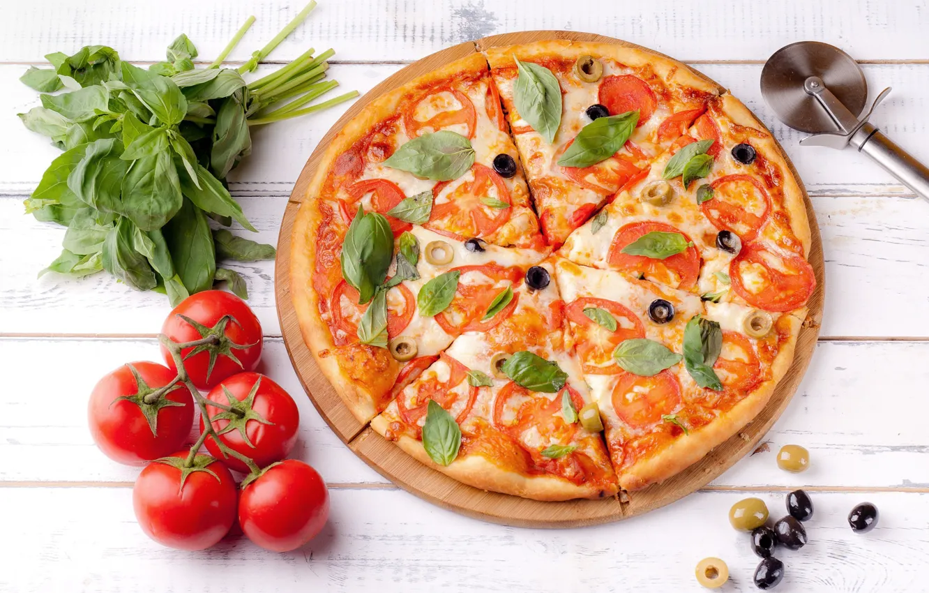 Photo wallpaper cheese, pizza, tomatoes, olives, spices, filling
