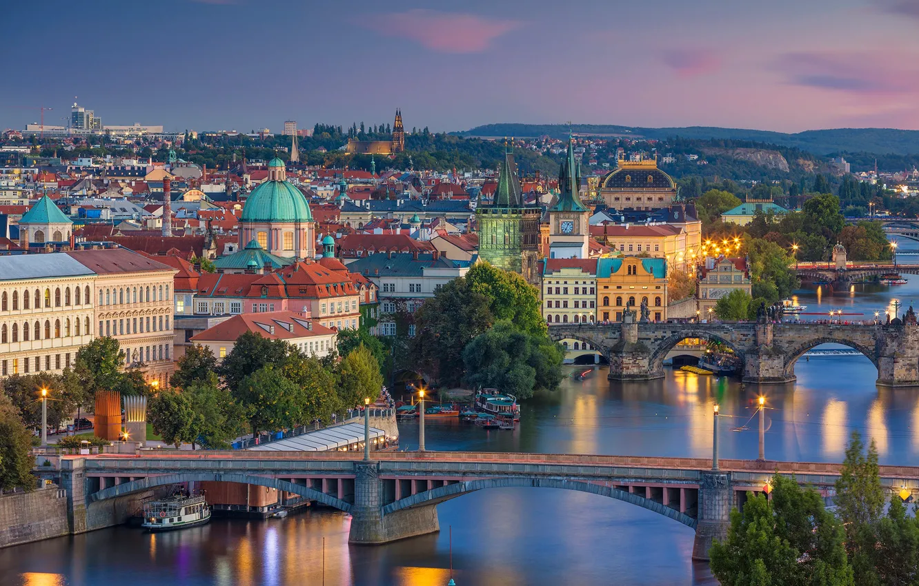 Photo wallpaper bridge, river, Prague, Czech Republic, panorama, Vltava