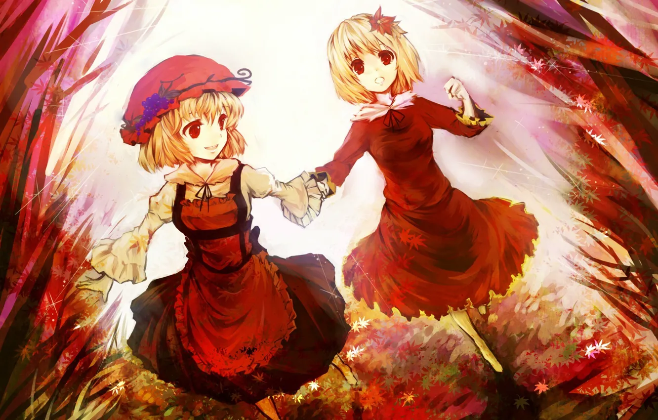 Photo wallpaper autumn, leaves, red eyes, sisters, touhou, run, apron, Touhou Project