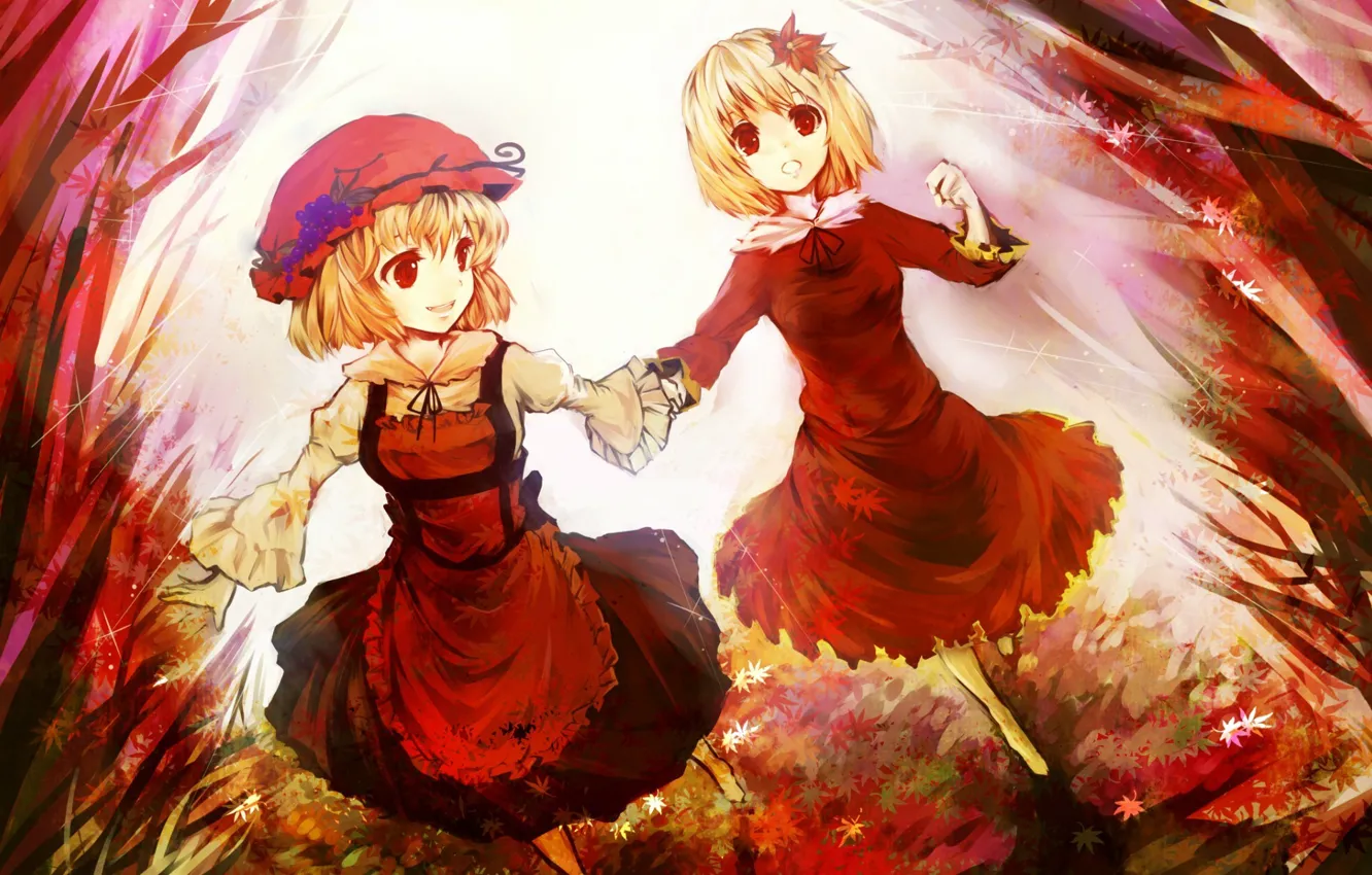 Photo wallpaper autumn, leaves, red eyes, runs, touhou, sisters, apron, Touhou Project