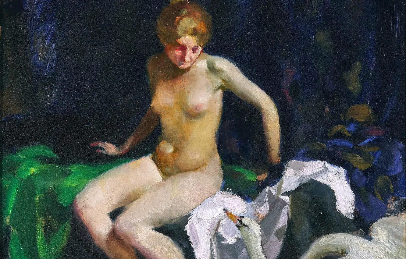 Photo wallpaper Girl, Swan, Picture, Bed, Naked, Rudolf Nissl, Austro-German artist, Rudolf Nissl