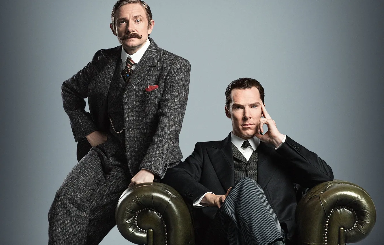 Photo wallpaper chair, grey background, Sherlock Holmes, Martin Freeman, Benedict Cumberbatch, Sherlock, Sherlock BBC, Sherlock Holmes
