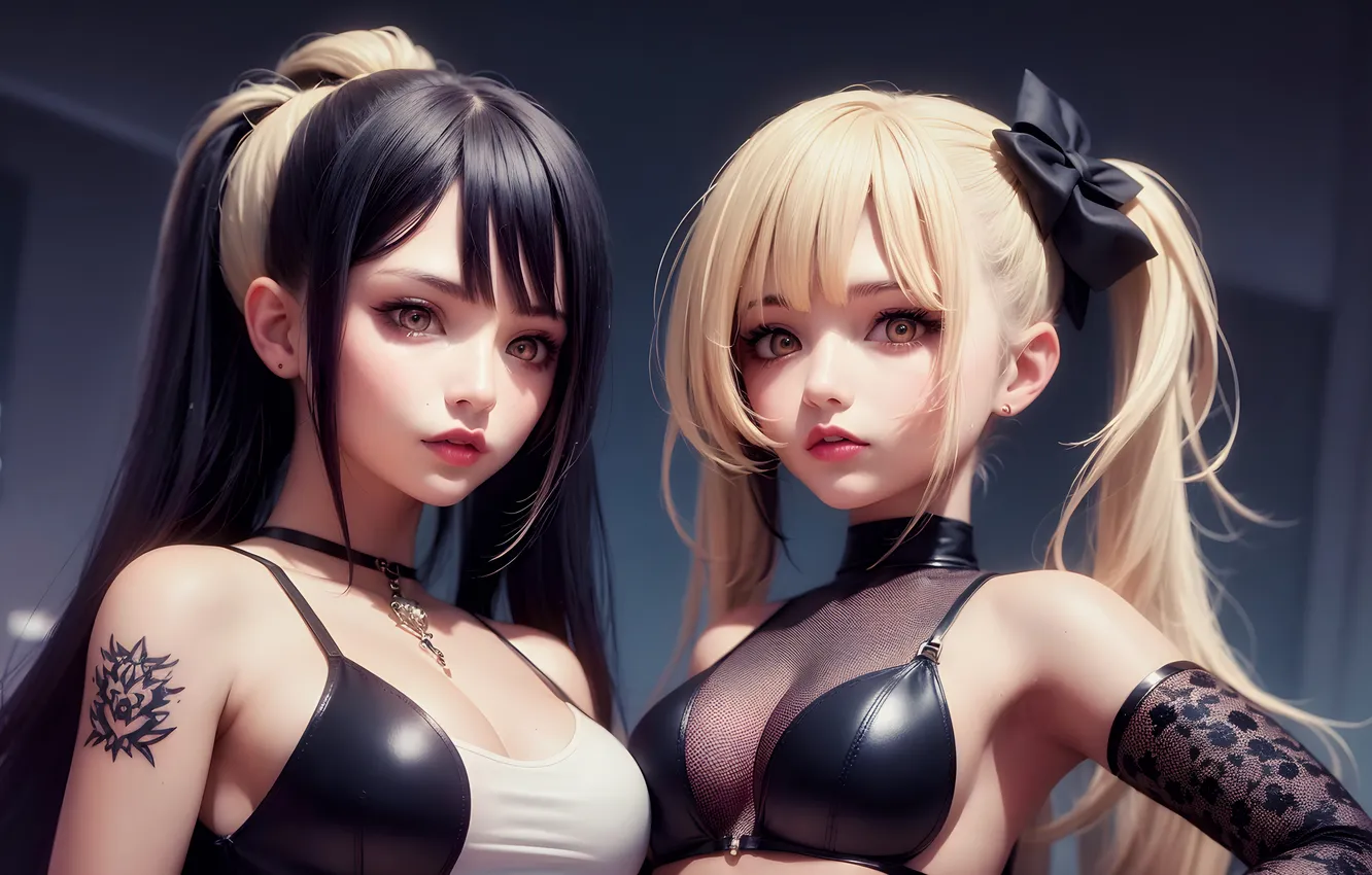 Photo wallpaper girl, brunette, blonde, asian, Two Women, Stable Diffusion, AI Art