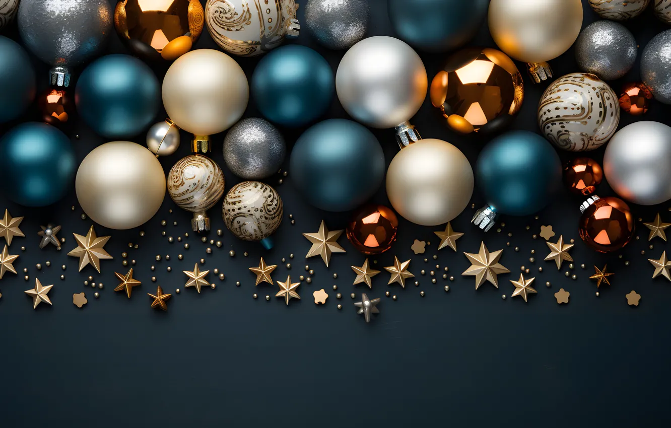 Photo wallpaper decoration, the dark background, balls, new year, Christmas, dark, golden, Christmas