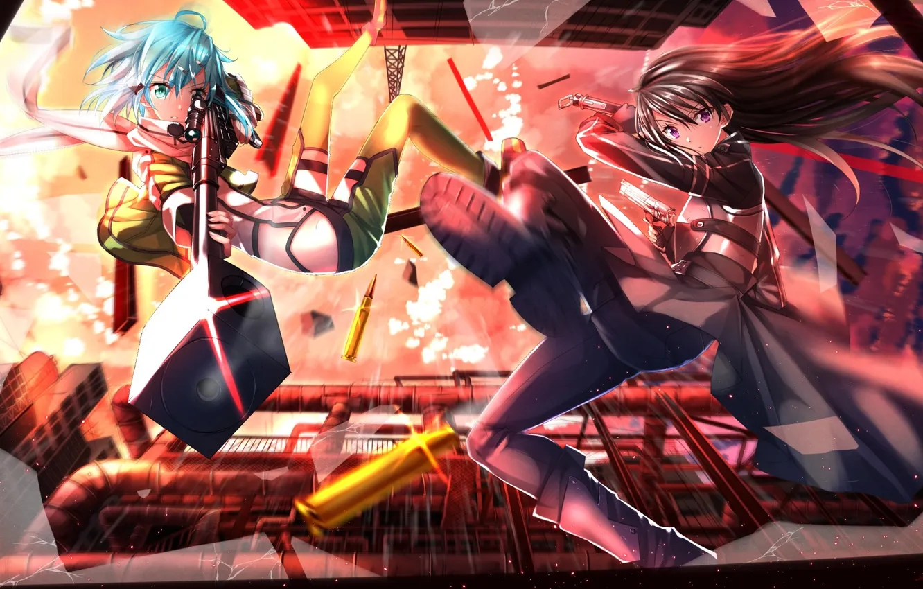 Photo wallpaper glass, girl, fragments, weapons, movement, art, sword art online, Kirigaya Kazuto