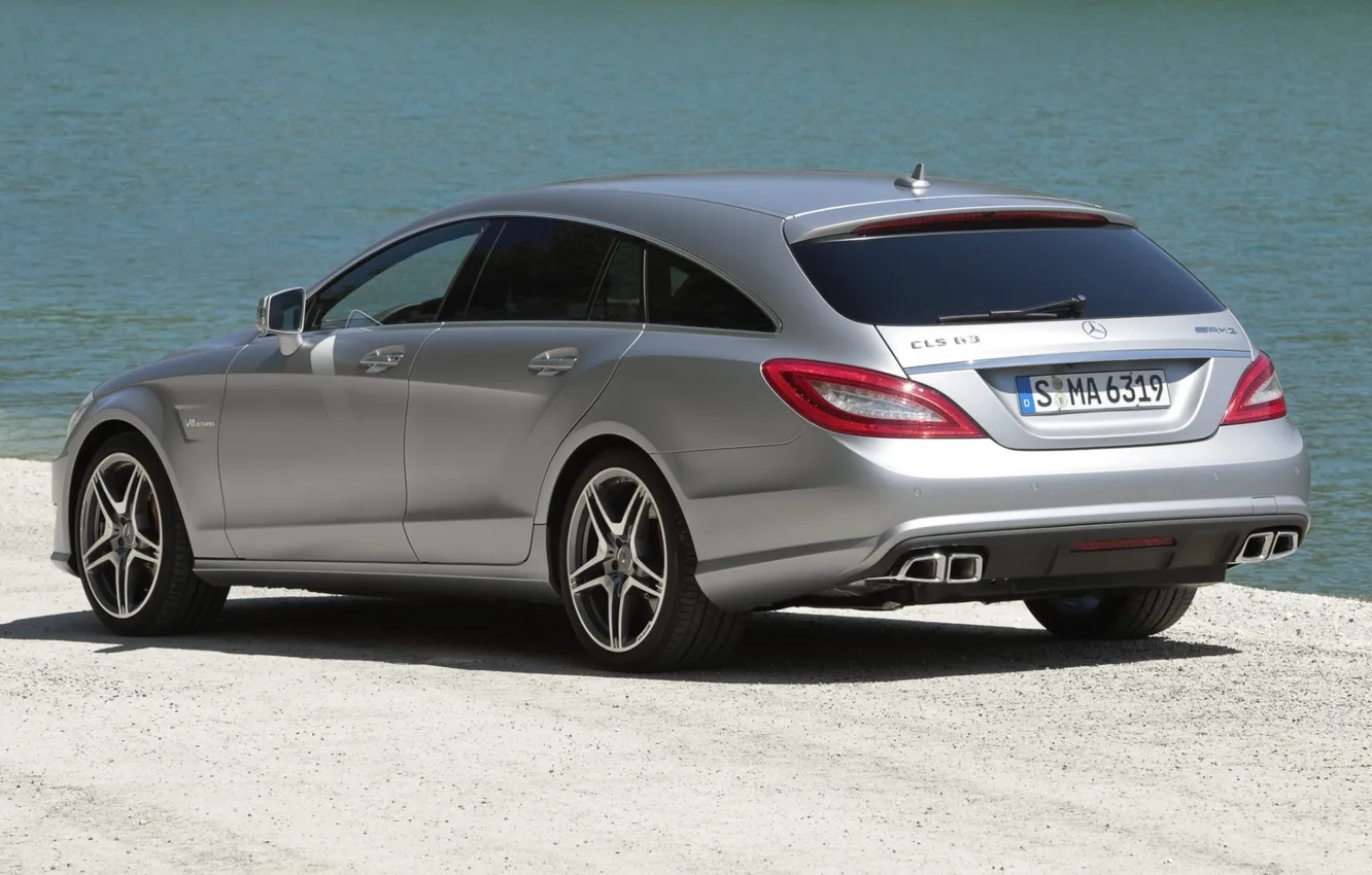 Photo wallpaper water, shore, Mercedes-Benz, CLS, silver, rear view, AMG, AMG