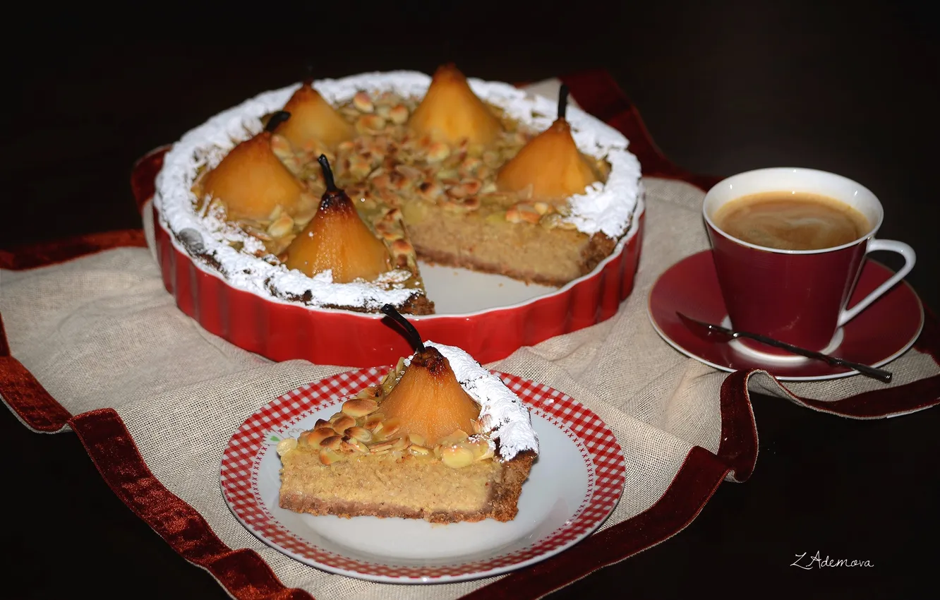 Photo wallpaper coffee, pie, pear, dessert, cakes, almonds