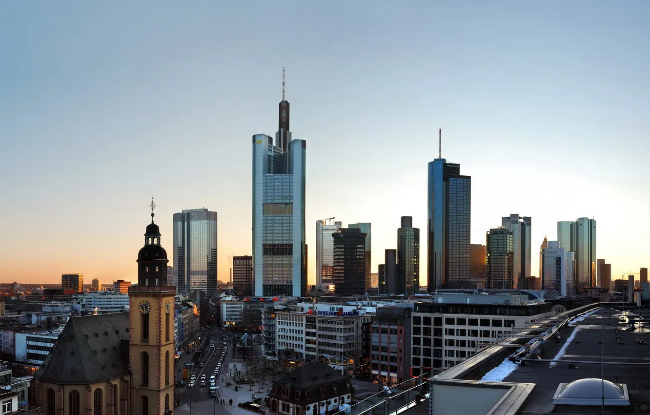 Photo wallpaper roof, skyscrapers, morning, Church, megapolis, Frankfurt am Main, Frankfurt am main