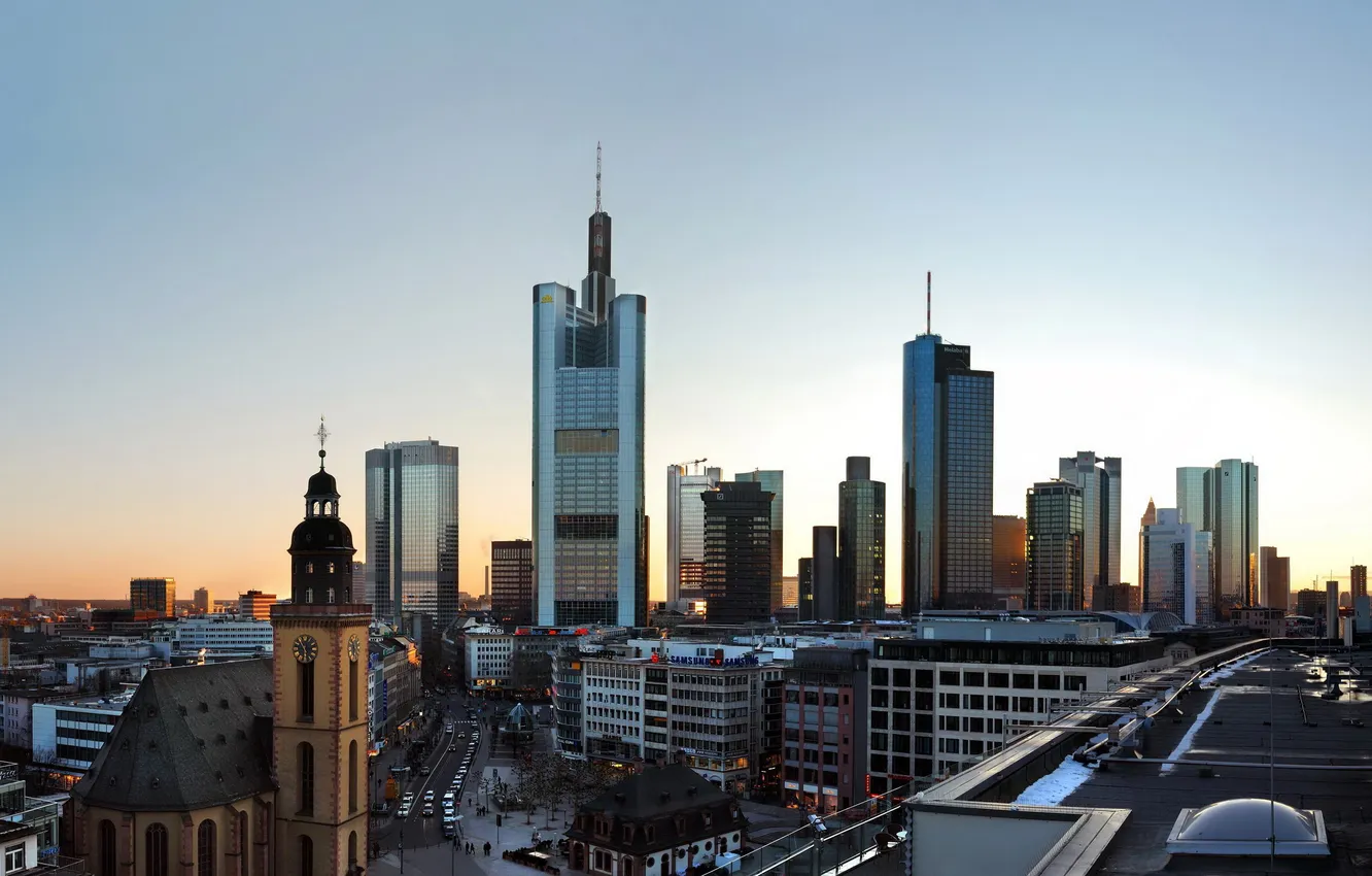 Photo wallpaper skyscrapers, morning, roof, Church, megapolis, Frankfurt am Main, Frankfurt am main