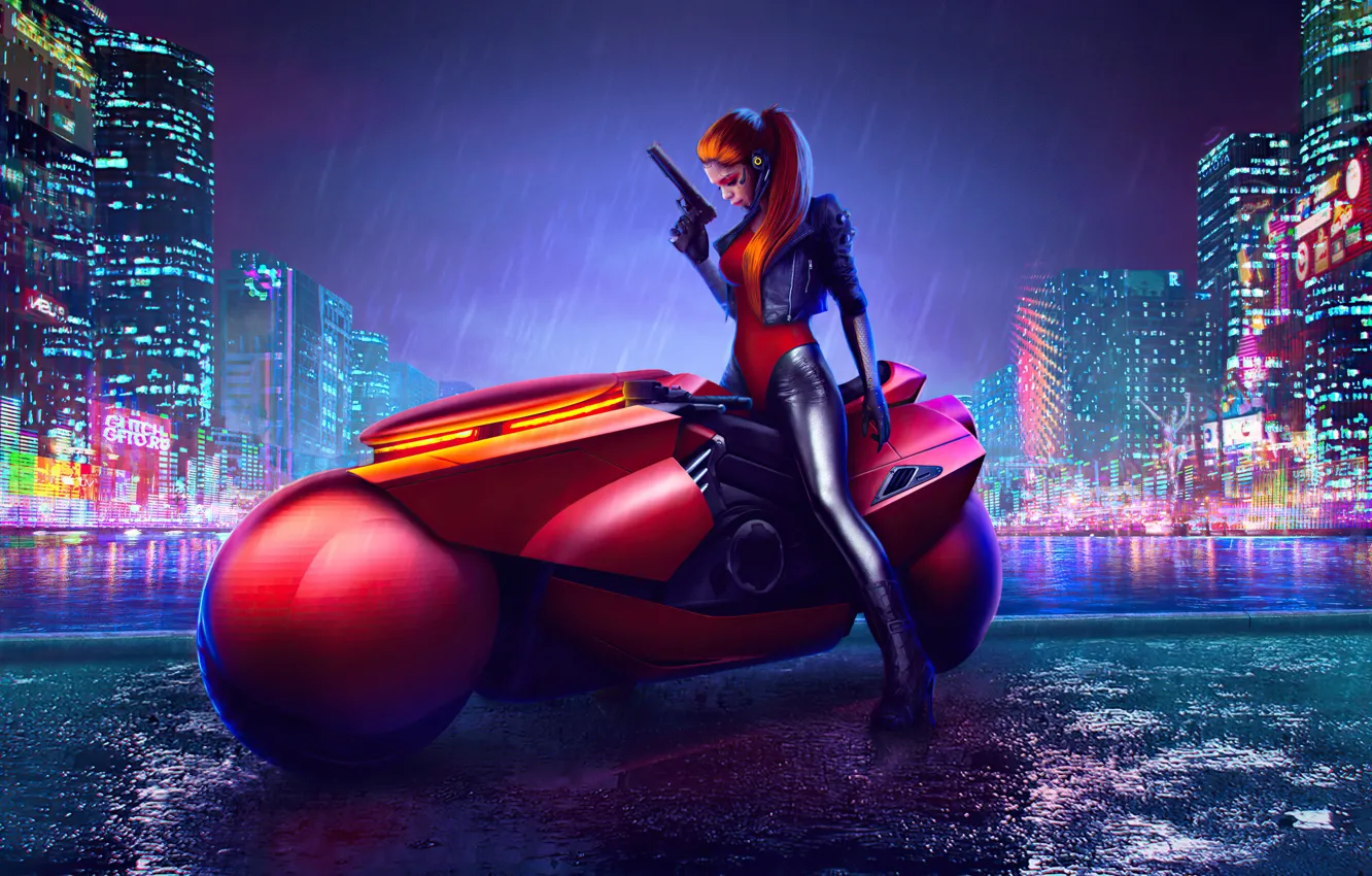 Photo wallpaper girl, digital art, Cyberpunk, cyberpunk bike