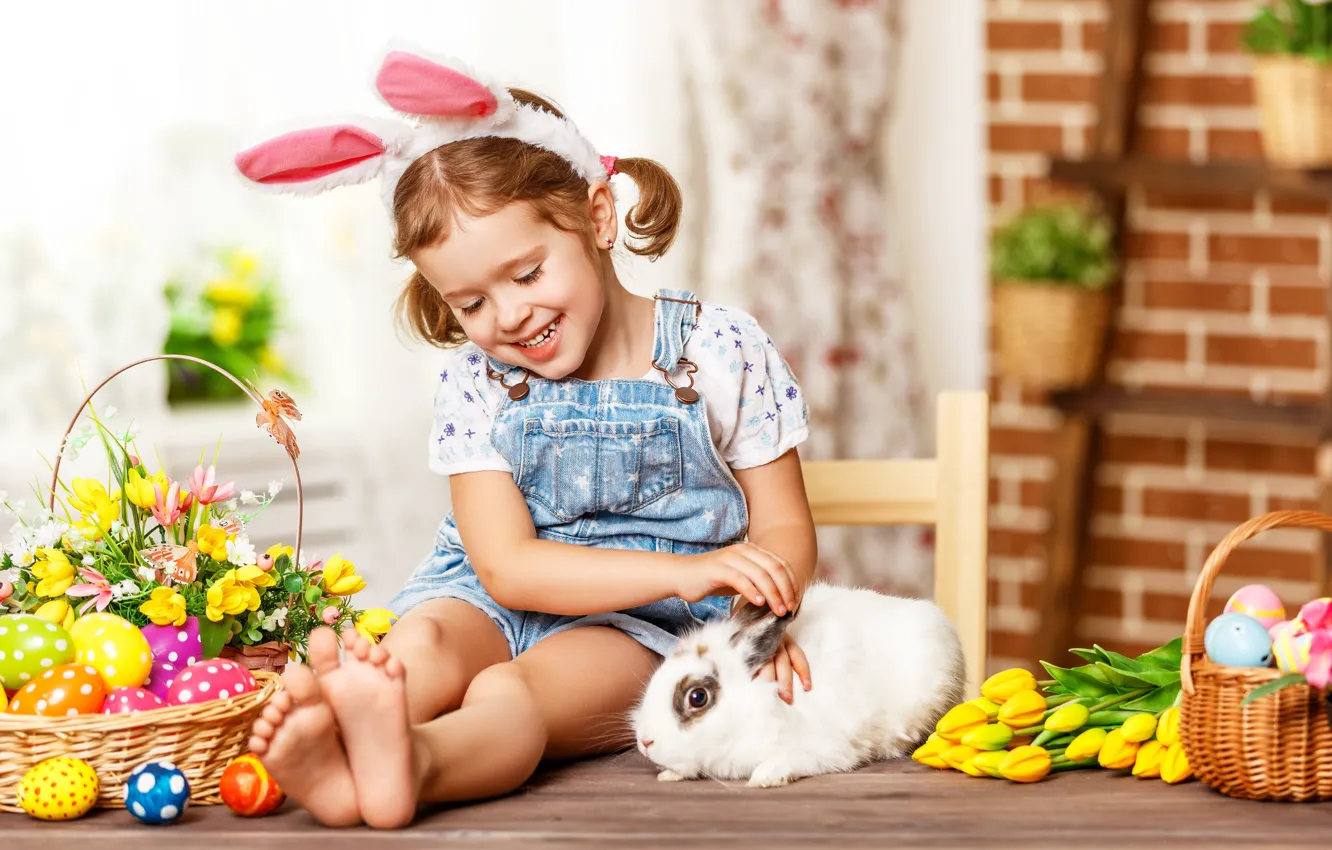 Photo wallpaper holiday, eggs, rabbit, Easter, girl, ears