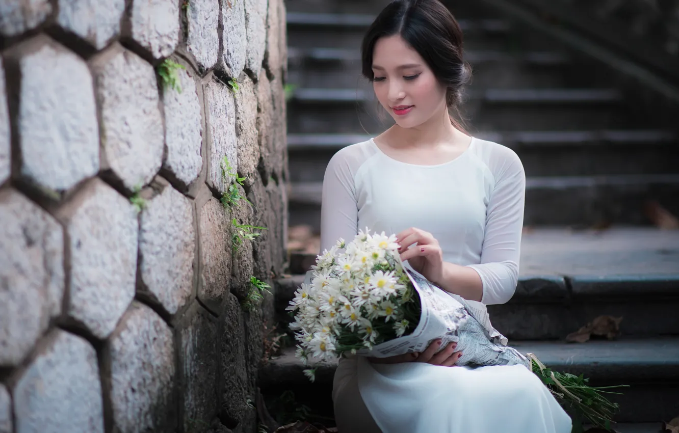 Photo wallpaper girl, flowers, bouquet, Asian, cutie, bokeh