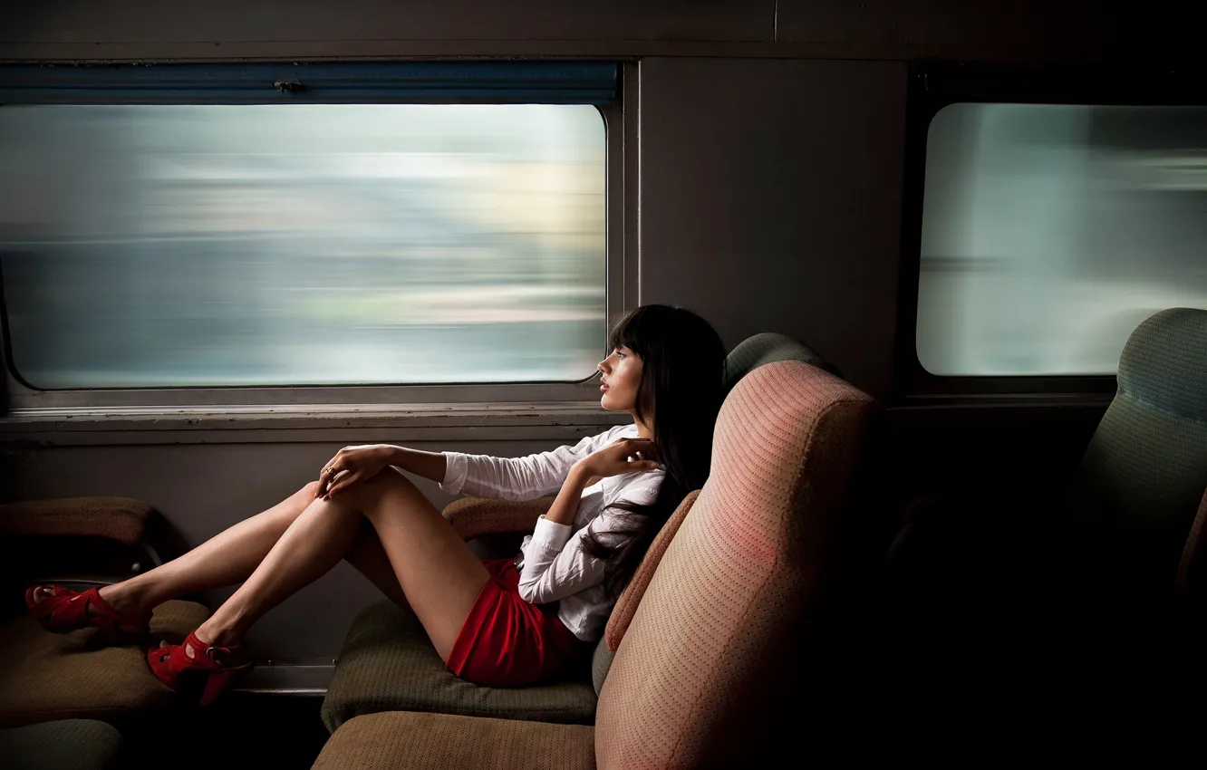 Photo wallpaper girl, Windows, train, legs, Chelsea Elisha, Max Eremine