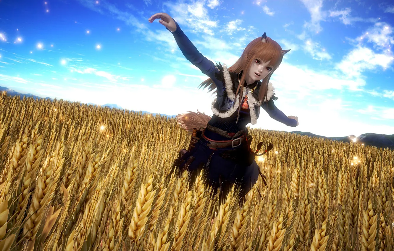 Photo wallpaper field, girl, red, ears, Spice and Wolf, Holo, 3D graphics, Spice And Wolf