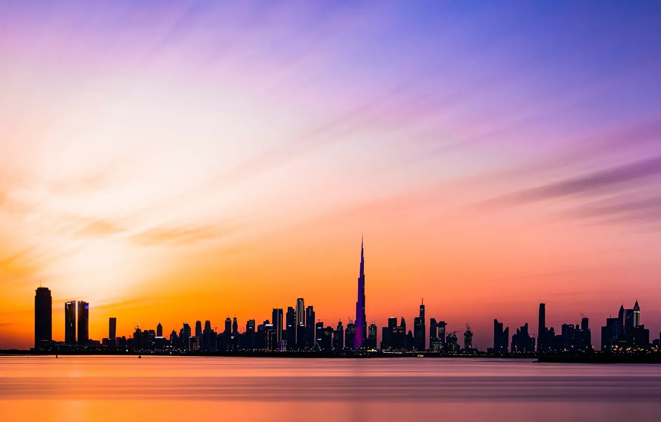 Photo wallpaper sunset, skyscrapers, Dubai, Burj Khalifa, city view