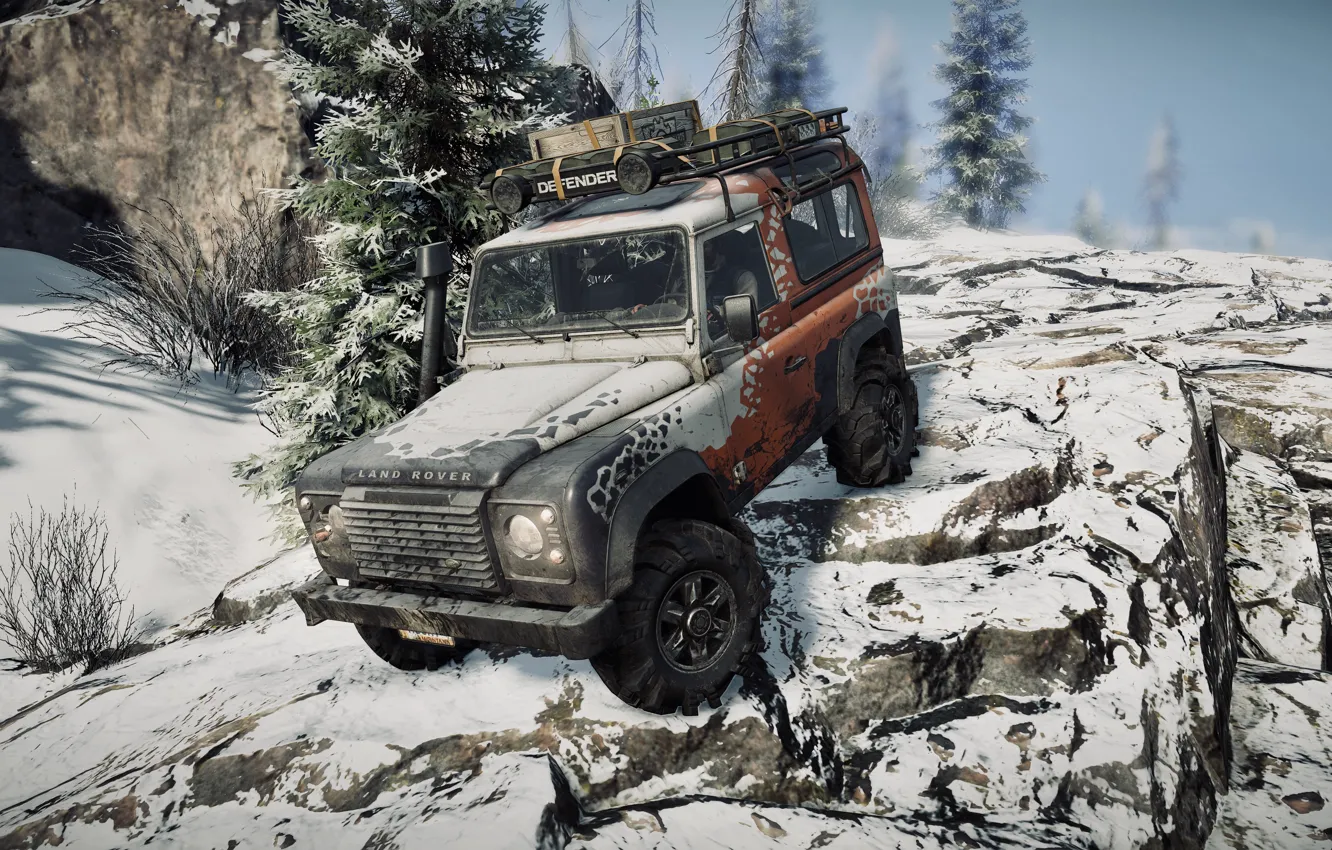 Photo wallpaper HDR, light, rock, Land Rover, game, trees, stone, winter