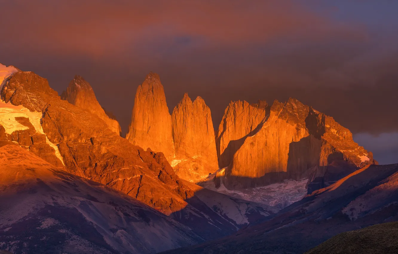 Photo wallpaper snow, sunset, mountains, clouds, nature, rocks, Chile, Chile