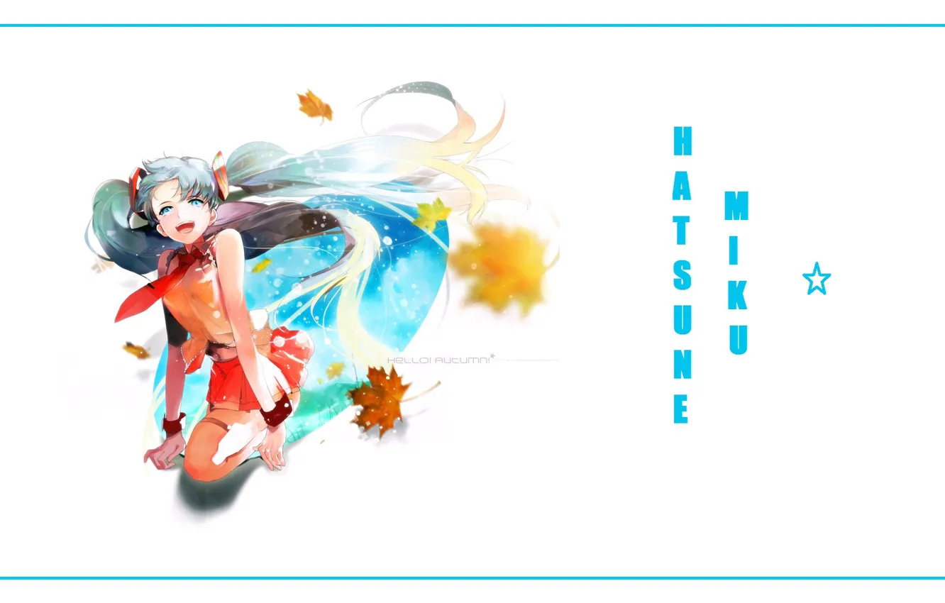 Photo wallpaper smile, tie, vocaloid, Hatsune Miku, blue hair, maple leaves, Hatsune Miku