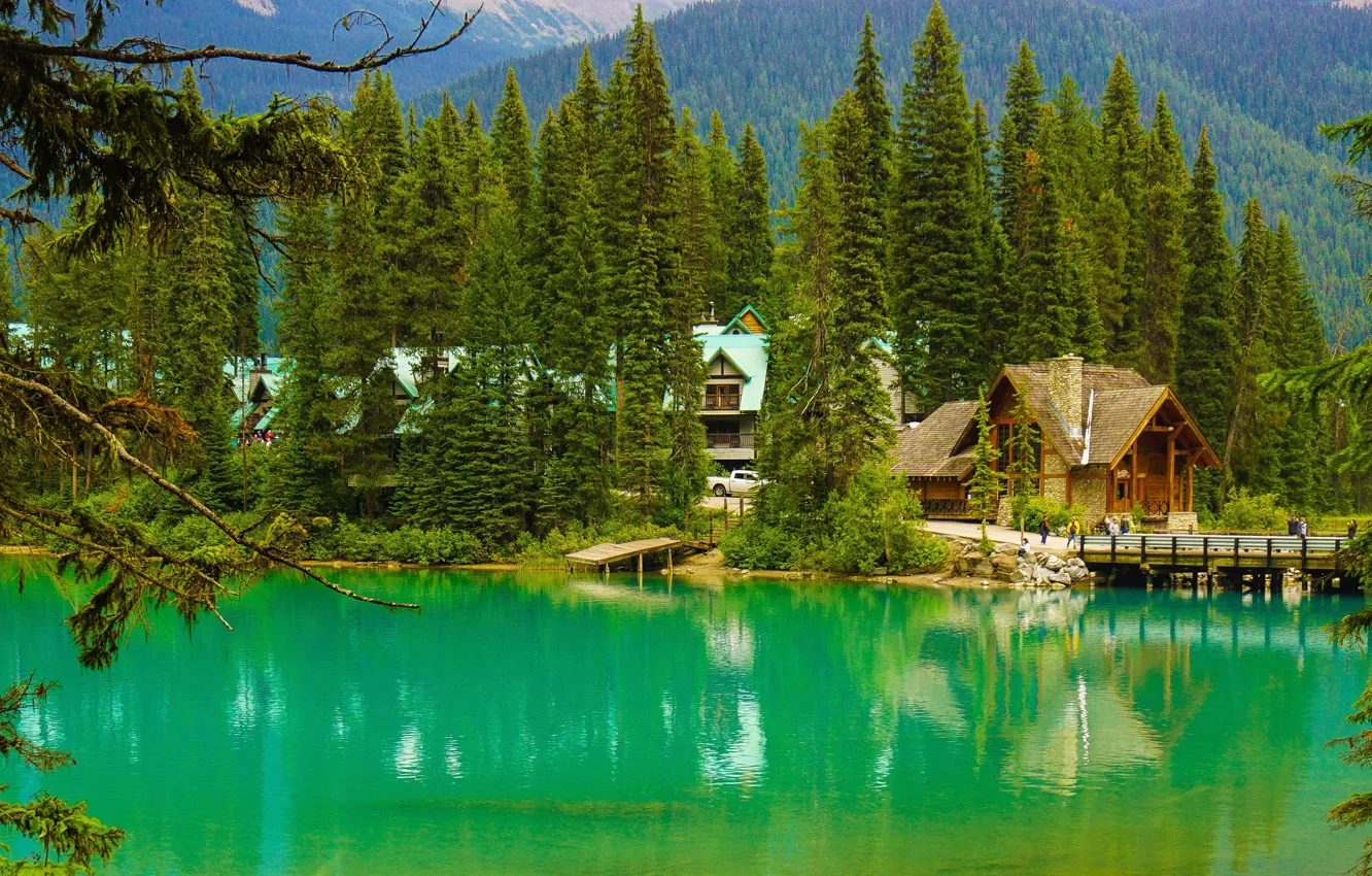 Photo wallpaper greens, forest, water, trees, mountains, bridge, lake, home
