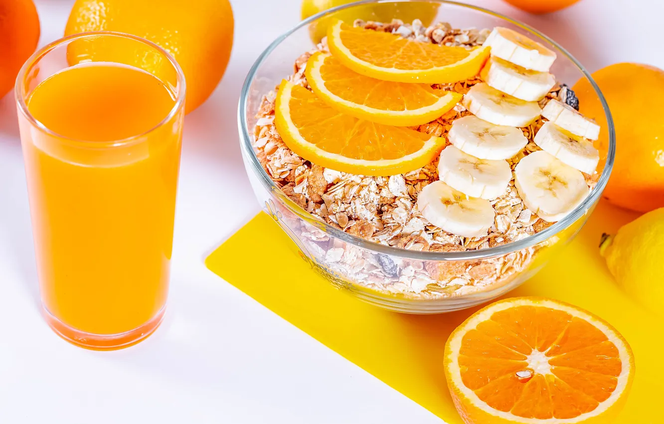 Photo wallpaper glass, orange, Breakfast, juice, muesli