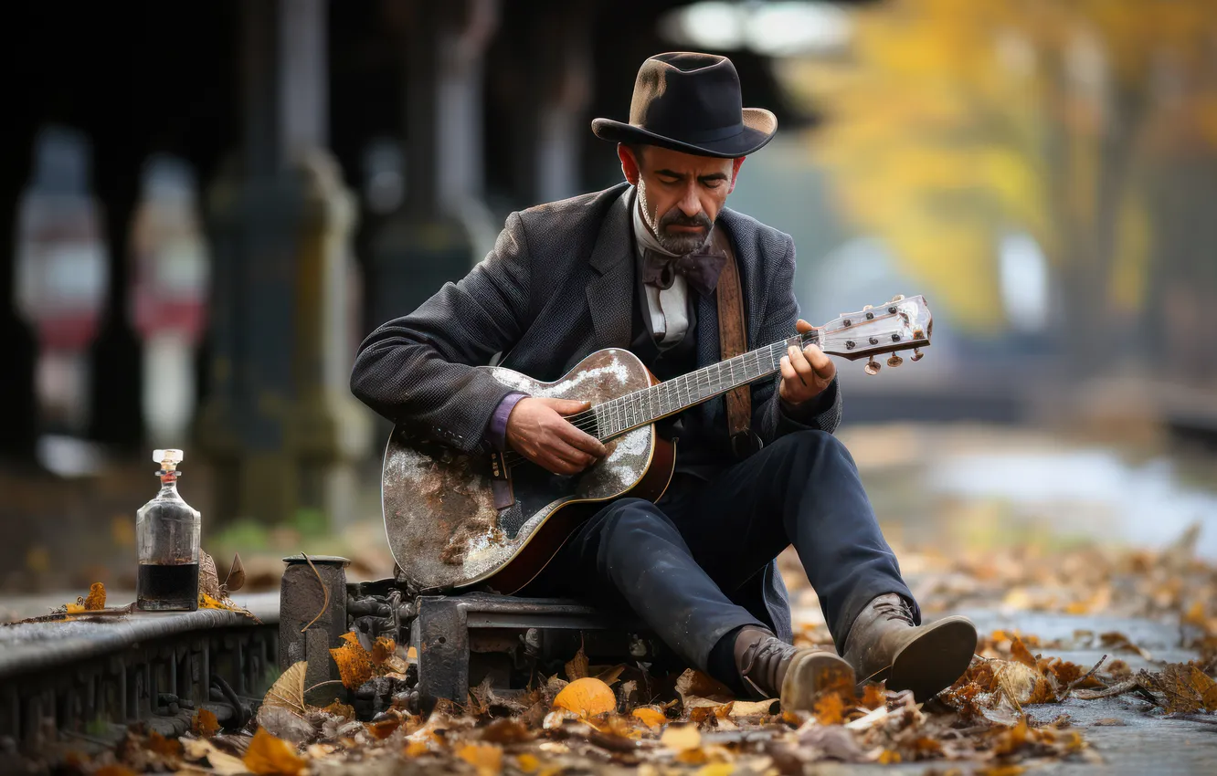 Photo wallpaper leaves, guitar, hat, male, jacket, plays, bokeh