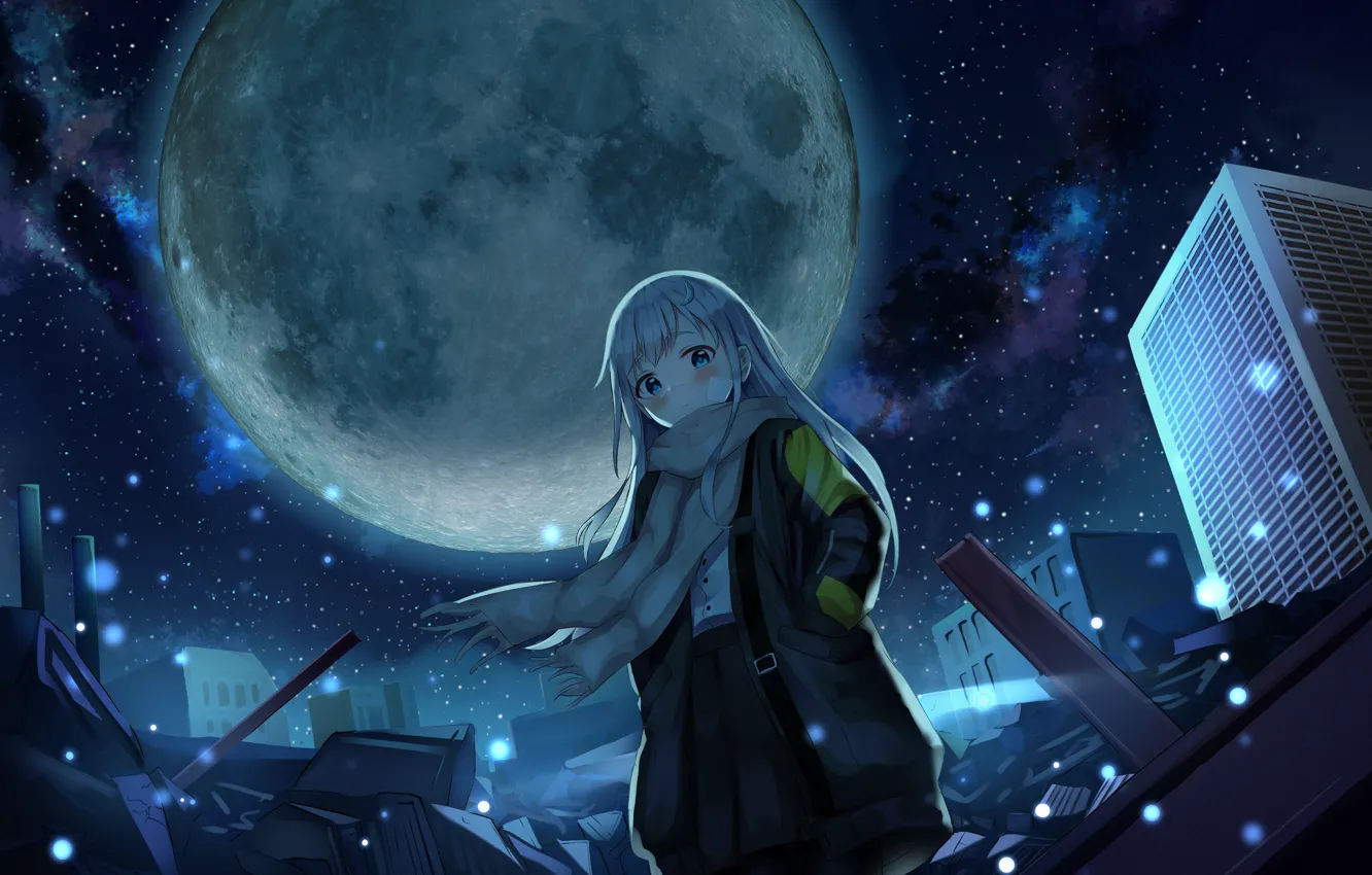 Photo wallpaper girl, night, the city, the wind, the moon, scarf