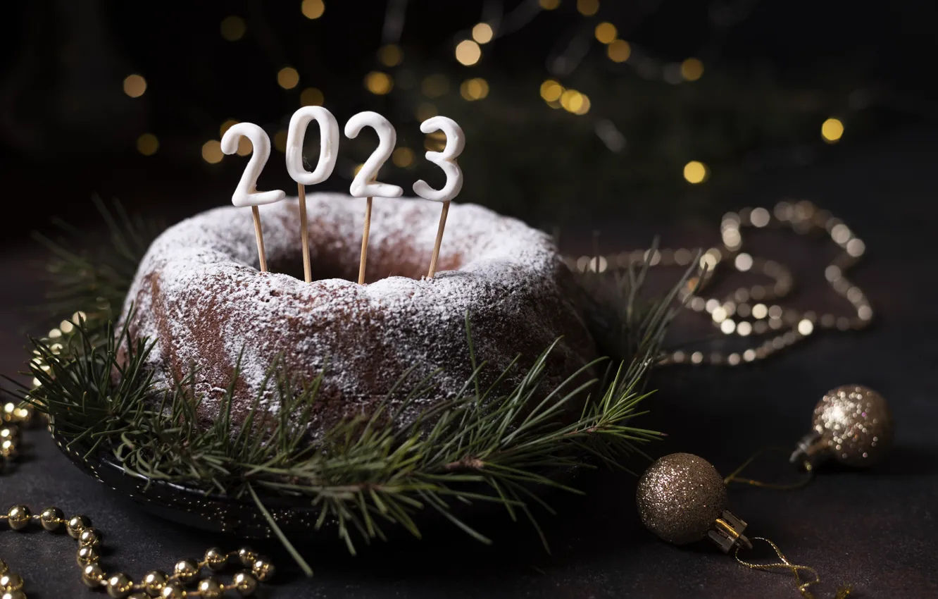 Photo wallpaper balls, new year, figures, pie, cake, needles, date, cupcakes