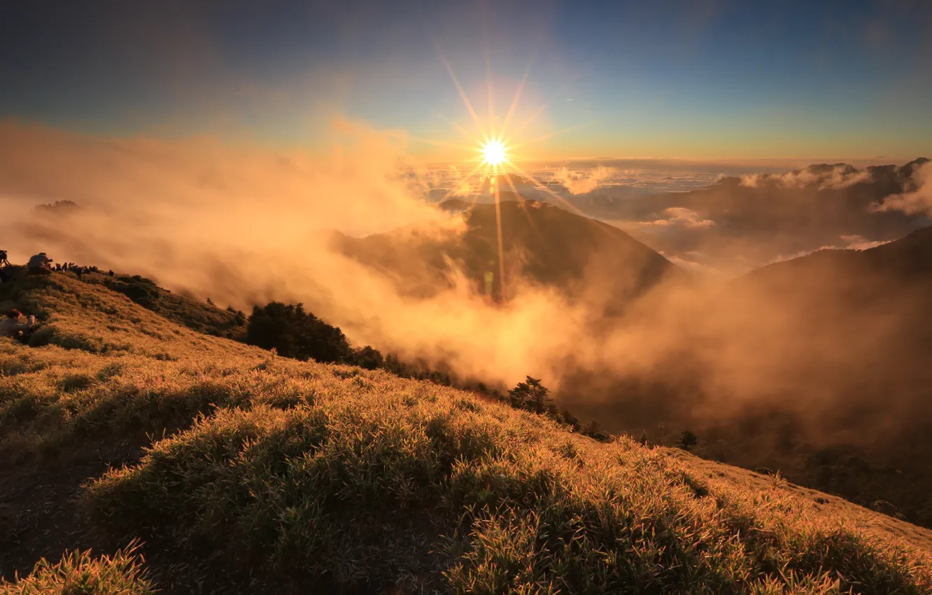 Photo wallpaper the sun, clouds, landscape, clouds, mountain, morning