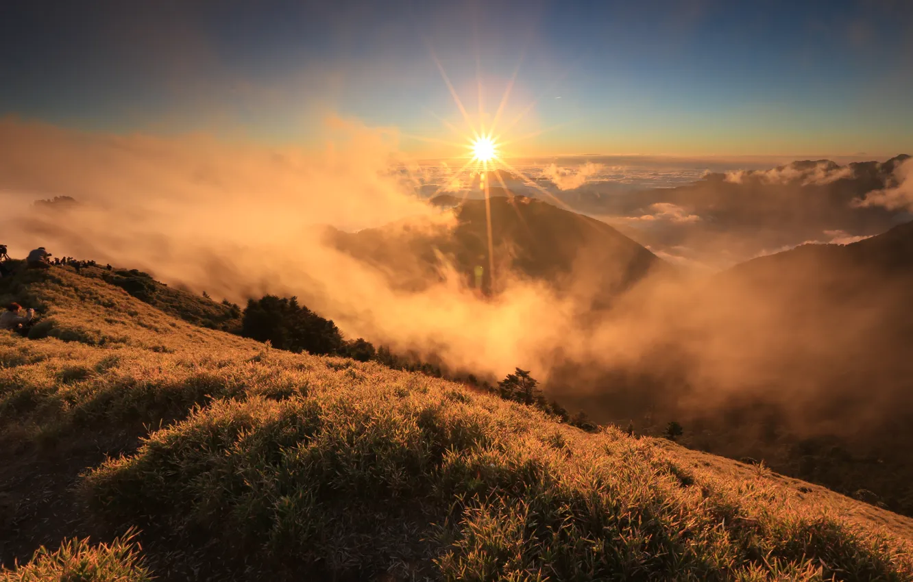 Photo wallpaper the sun, clouds, landscape, mountains, clouds, morning
