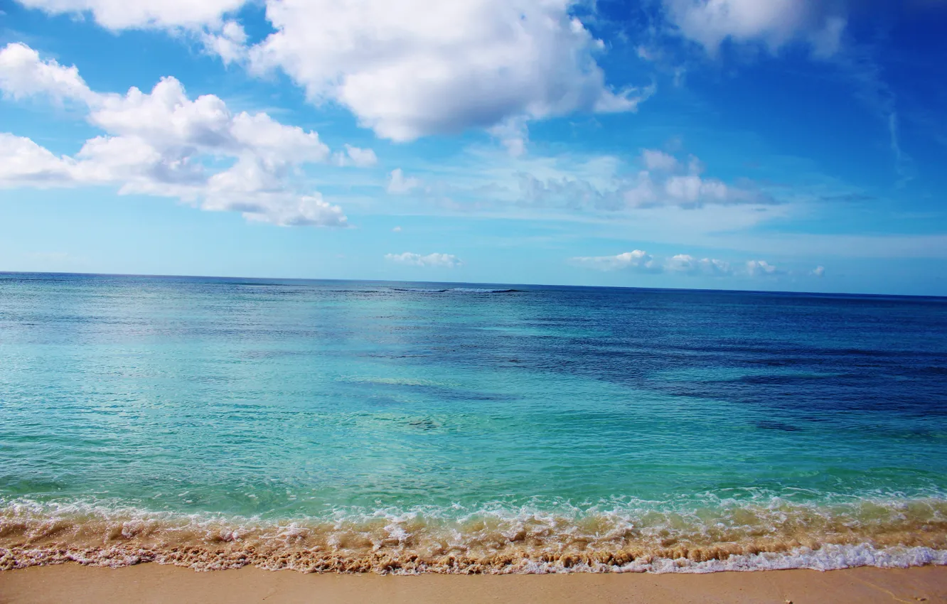 Photo wallpaper sand, sea, wave, beach, the sky, clouds, landscape, blue
