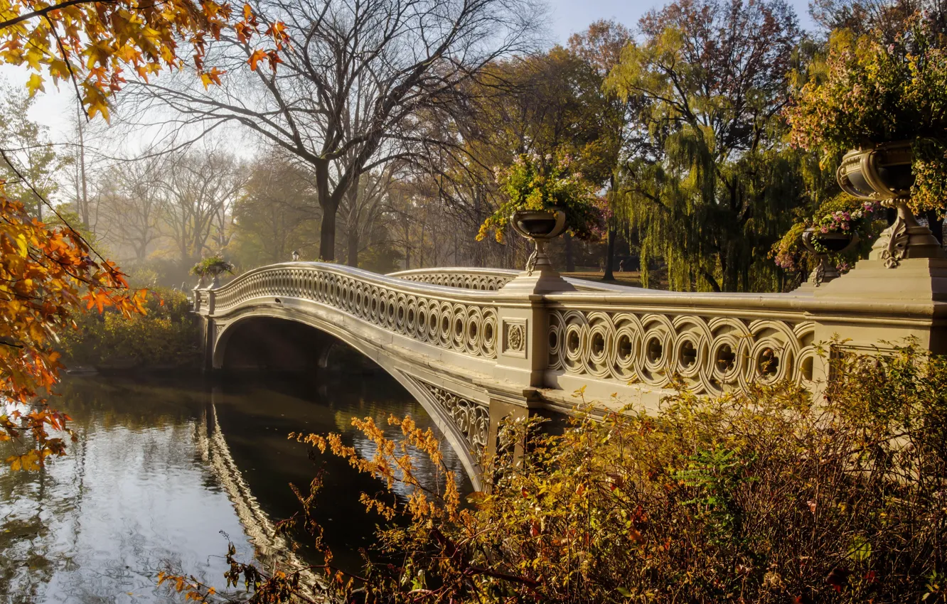Photo wallpaper autumn, bridge, river, trees. leaves, landscape. nature. beauty