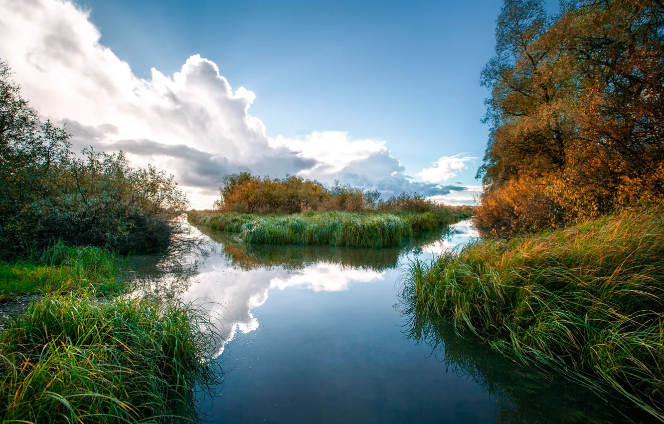 Photo wallpaper clouds, reflection, river
