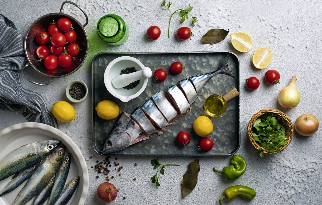 Photo wallpaper table, fish, cutting