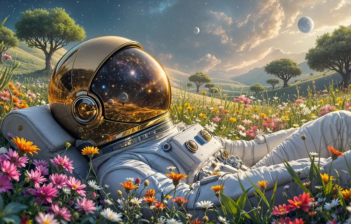Photo wallpaper The SKY, FIELD, HELMET, GREENS, STARS, FLOWERS, REFLECTION, SPRING