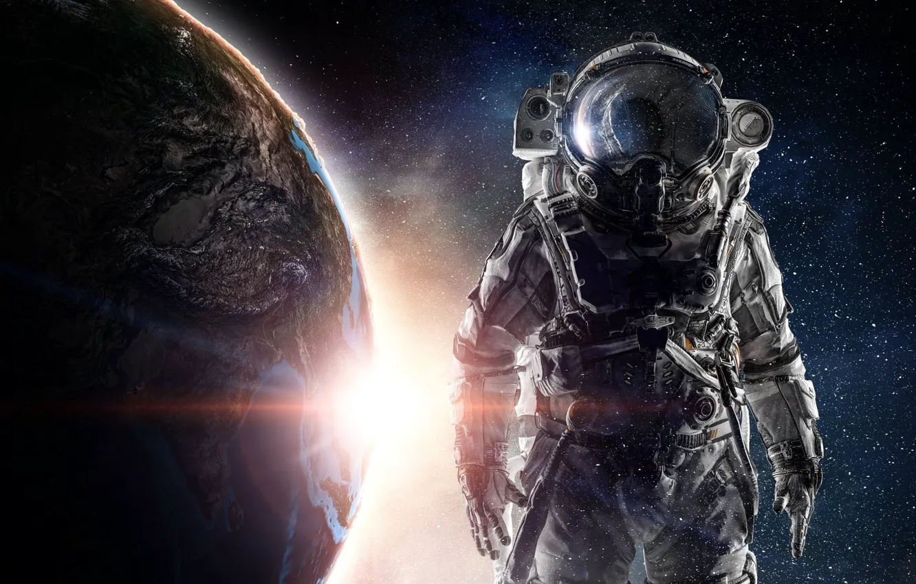 Photo wallpaper stars, light, space, planet, helmet, astronaut, THE SPACESUIT, KOSTEM