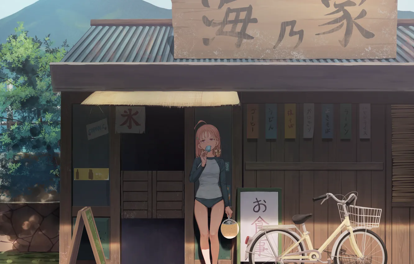 Photo wallpaper girl, bike, heat, ice cream