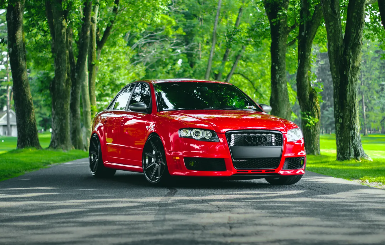 Photo wallpaper Audi, red, front, stance, RS4